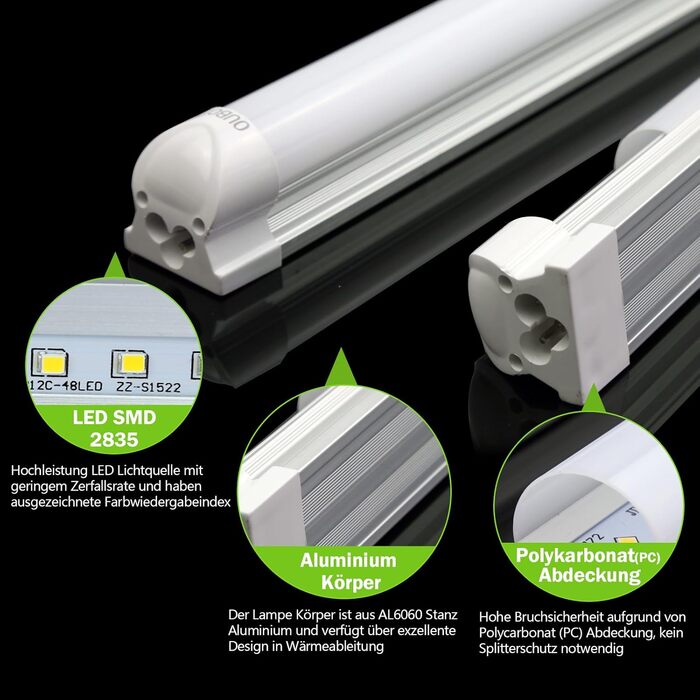 За спеціальною ціною Світлодіодна люмінесцентна лампа з розеткою в комплекті, 60 см. Світлодіодна трубка T8, люмінесцентна лампа, 10 Вт, 1350 люмен, натуральний білий 4000K, прозора кришка, 4 шт.