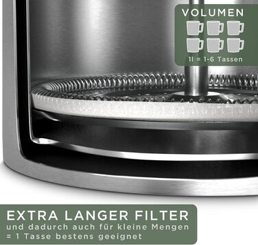 Французький прес WALDWERK (1L) - Кавоварка з нержавіючої сталі з подвійними стінками з дерев'яною ручкою з деревини дуба - Кавоварка без пластику French Press 1 л