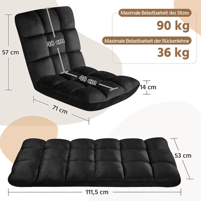 Складане підлогове крісло Yaheetech, лінивий диван, складне розслаблююче крісло, крісло для медитації, підлогове крісло з регульованою спинкою, крісло для читання для дому або офісу, чорний плюшевий