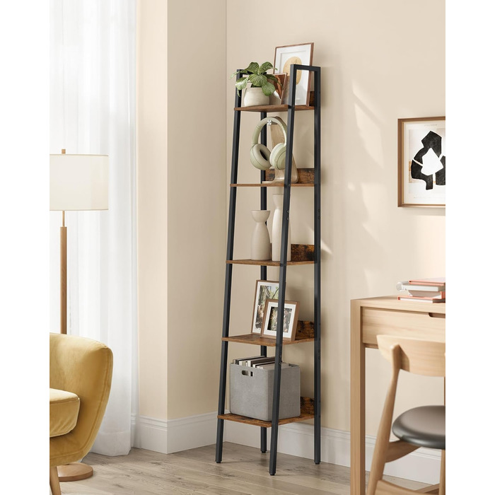 Книжкова полиця VASAGLE, драбина, 5 ярусів, вузька полиця, відкрита окремостояча полиця для кабінету, вітальні, спальні, кухні, промисловий дизайн, вінтажний коричневий-чорний LLS109B01 Вінтажний коричневий чорний 5 полиць (30 x 33,8 x 170 см)