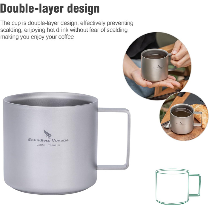 Мл титанова кавова чашка, міні-кухоль з подвійними стінками для еспресо, чаю, кемпінгу та подорожей, міцна, легка, портативний посуд для напоїв, Ti3052D (піскоструйна обробка), сірий, 220