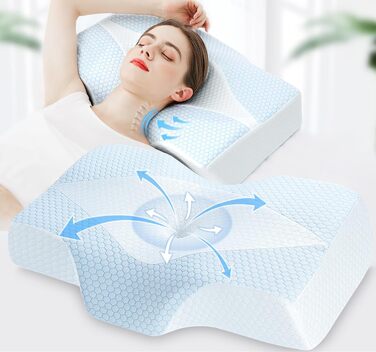 Ортопедична подушка з піни з ефектом пам&39яті, подушка для підтримки шиї від болю в шиї та плечах з охолодженням, чохол, що прається ергономічна подушка для сну та комфорту для сну на боці та спині, синьо-біла (63,5 см * 40,6 см * 10,7/13,2 см)