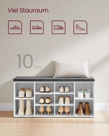 Лавка для взуття VASAGLE, полиця для взуття із сидінням, лавка для зберігання речей, добре оббита, лавка для передпокою з 10 відділеннями, регульовані полиці, для спальні, 30 x 104 x 48 см, біло-сірий LHS10WT білий сірий