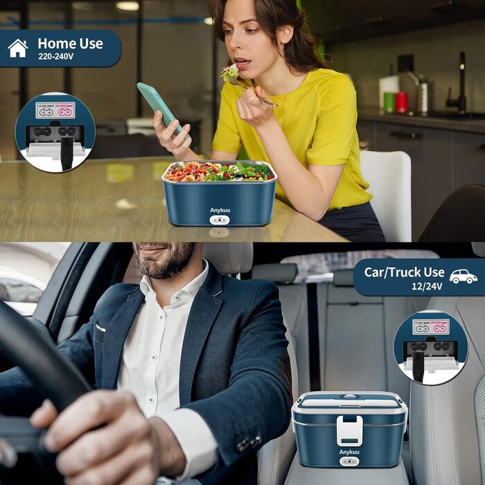 Електричний ланч-бокс 100 Вт 1,8 л 3-в-1 12 В/24 В/220 В з підігрівом, портативний для автомобіля/вантажівки/офісу/дому з виделкою та ложкою, синій