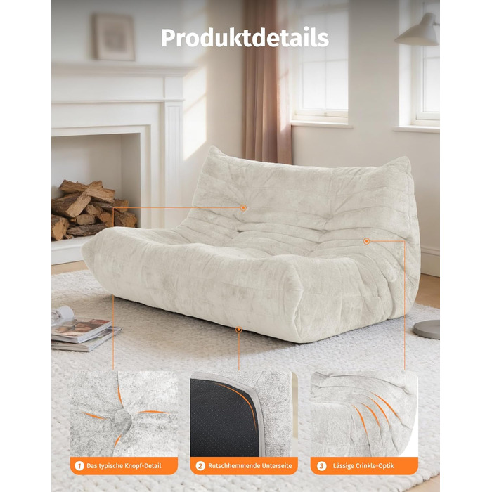 Диван з пінопласту без кісток зручний підлоговий диван з ергономічним дизайном, не потребує складання, диван-мішок для вітальні, спальні, квартири, ігрової кімнати та офісу, бежевий двомісний