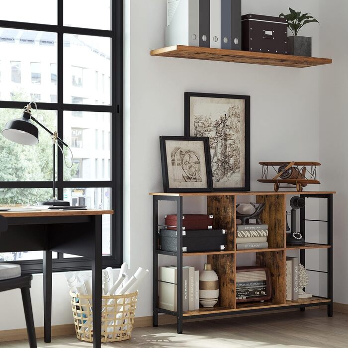 Рівнева полиця, книжкова шафа, окремостояча полиця з 6 відділеннями, для вітальні, спальні, кабінету, кухні, 33 x 120 x 80 см, вінтажний коричнево-чорний LLS104B01 33 Г x 120 Ш x 80 В см Вінтажний коричневий чорнильний, 2-