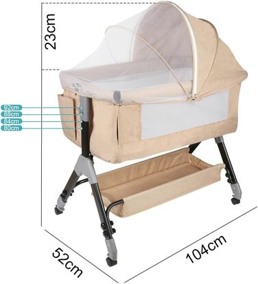 Дитяче ліжечко Kedia з москітною сіткою, дитяче ліжечко та дорожнє ліжечко з колесами, дитяче ліжечко для новонароджених, регульована висота, ліжечко в режимі сну на боці (104 x 52 x 103-115 см, бежево-білий)