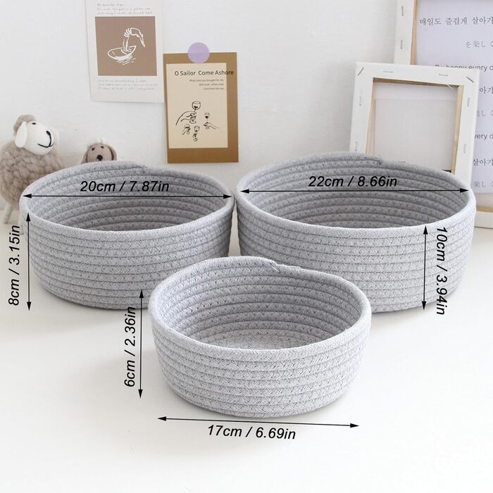 Набір із 3 плетених кошиків для зберігання, кошики для зберігання, що штабелюються, кошики з бавовняної мотузки, для організації одягу, для ванної кімнати, кошики для зберігання іграшок (сірі)