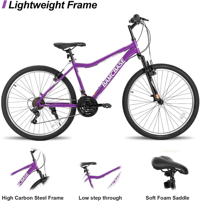 Жіночий гірський велосипед HILAND BAMCBASE 26 дюймів, 21-швидкісний сталевий рама для дорослих, чоловічий гірський велосипед з амортизаційною вилкою, фіолетовий