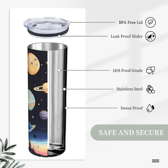 Кружка з прямою трубочкою, дизайн Сатурн, Юпітер, Земля, друкований принт, підходить для кемпінгу, офісу та дому, 590 мл