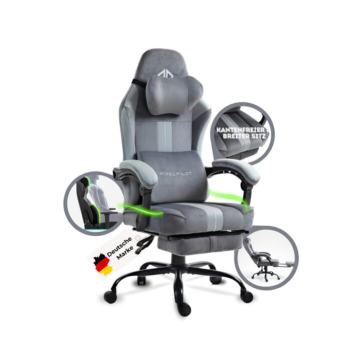 Ергономічне ігрове крісло PixelPilot Дихаюча тканина Ігрове крісло з підставкою для ніг, підголівником та поперековою опорою, ігрове ПК-крісло з широким сидінням, офісне крісло вантажопідйомністю 150 кг (Nebula I, сірий) Grey Nebula