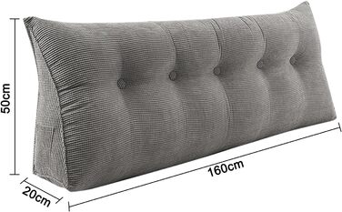 Подушка для спини Supfine, подушка для читання для ліжка та дивана, клиноподібна подушка з кишенею для мобільного телефону, вельвет, подушка для сидіння, настінна подушка, чохол, який можна прати (160x50x20 см, сірий, вельвет) сірий, вельвет 160x50x20 см