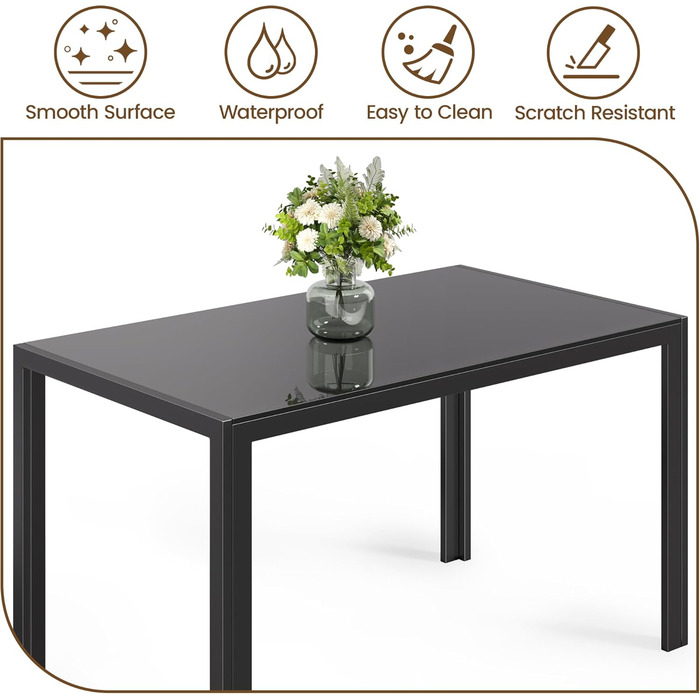 Обідній стіл Bealife із загартованого скла, 130x70x75 см, сучасний кухонний стіл з металевим каркасом, стійкий до подряпин та жаростійкість для кухні, вітальні, їдальні або кавового куточка, домашнього офісу (чорний, 130*70*75) Чорний 130*70*75