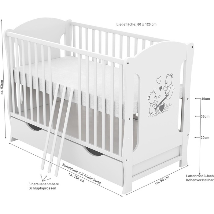 Дитяче ліжко Generic Baby Deluxe 60x120, що трансформується в дитяче ліжко білого кольору з шухлядою та матрацом з алое вера з регульованою висотою та знімними прутами (Lia White)
