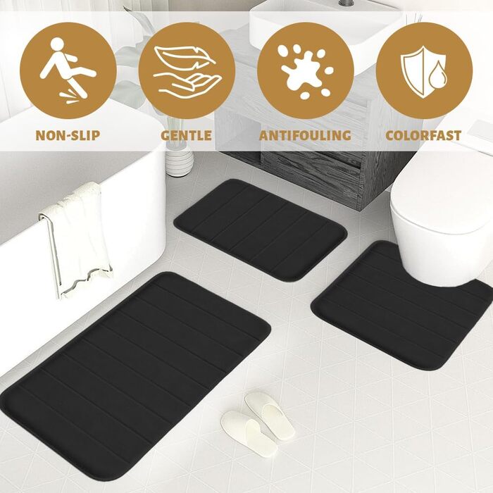 Комплект килимків для ванної кімнати, 3 предмети, чорний, килимок для ванної, що прається, нековзний килимок для ванної, матеріал з м&39якого коралового флісу, килимки для ванної, що швидко сохнуть, килимок для туалету, який можна прати в пральній машині