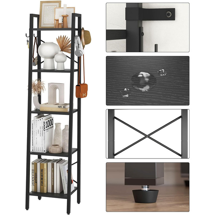 Книжкова полиця YMYNY, драбина, полиця своїми руками з 5 ярусами, міцна металева рама X-Metal, індустріальний стиль, багатофункціональна дерев&39яна полиця для вітальні, офісу, балкону, чорна HBC025B 5 ярусів 34 x 30 x 160 см Чорний