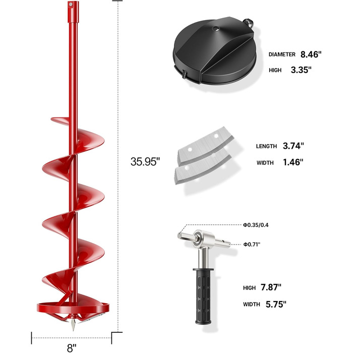 Льодовий шнек LONGRUN, 8-дюймовий земляний шнек з нековзною ручкою та змінними наборами лез, підходить для підлідної риболовлі, копання лунок - Червоний
