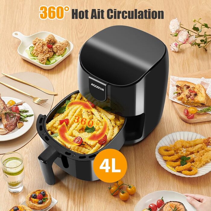Аерофритюрниця Aigostar Hayden X 4 л, 9 програм аерофритюрниці 1500 Вт, світлодіодний сенсорний екран, таймер на 60 хвилин, інтелектуальне попереднє нагрівання, функція попереднього нагрівання та нагадування про струс, безмасляна фритюрниця, без бісфенолу