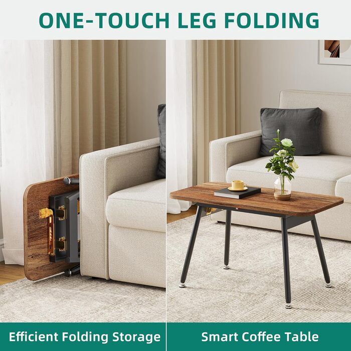 Складаний журнальний столик YITAHOME, 80 x 40 x 45 см, Портативний журнальний столик із 5-позиційним регулюванням стільниці, Не потребує встановлення, Приставний столик для вітальні, Журнальний столик, Колір горіха