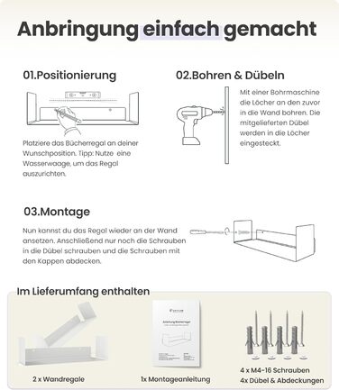 Комплект з 2 шт. - Сучасна біла настінна полиця - 2 x 40 см плаваюча книжкова полиця, біла карнизна рейка