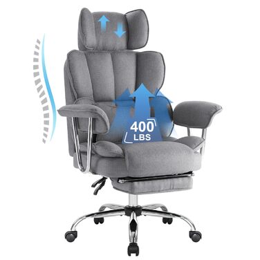 Ергономічне офісне крісло IWMH з підставкою для ніг та поперековою опорою, крісло керівника 200 кг XXL, обертове крісло з підлокітниками та підголівником, тканина з регульованою висотою (сірий колір)