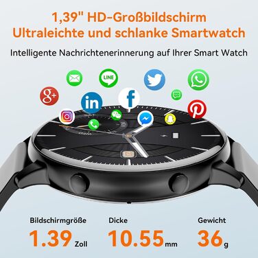 Розумний годинник Hwagol для жінок та чоловіків, 1,39-дюймовий сенсорний смарт-годинник із Bluetooth-дзвінками, годинник із понад 140 спортивними режимами, монітор SpO2, монітор серцевого ритму, монітор сну, крокомір, наручний годинник для iOS та Android,