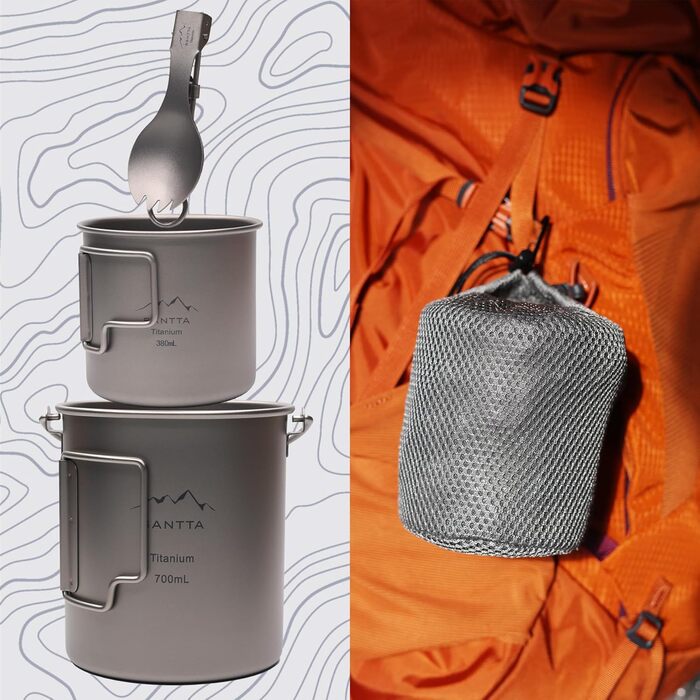 Титановий кемпінговий посуд SANTTA Кемпінгова каструля 700 мл, чашка для пиття 380 мл та складний надлегкий кухонний набір Spork для походів та туризму