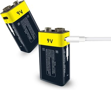 Літієві акумуляторні батареї типу C 9 В, 1,5 В, літій-іонні акумуляторні батареї USB 9 В, 650 мАг із зарядним кабелем типу C, швидка зарядка за 2 години (2 шт.) (9 В). 2-9 В