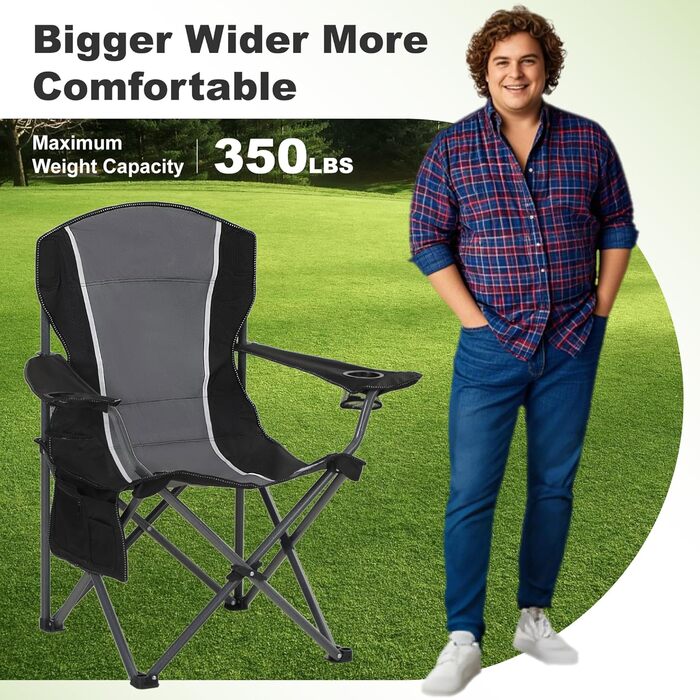 Крісло для кемпінгу LET&39S CAMP, складне крісло, складане рибальське крісло з тримачами для напоїв та сумкою для перенесення, складне крісло XL до 160 кг, чорно-сіре
