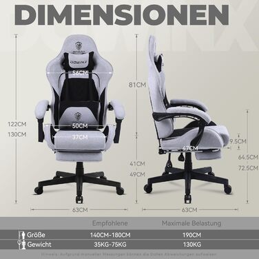 Ігрове крісло Dowinx, тканинне офісне крісло з пружинною подушкою Pocket Spring, масажне ігрове крісло з підголівником, ергономічне офісне крісло з підставкою для ніг (чорно-сіре), смугасте, звичайне - Upgrade