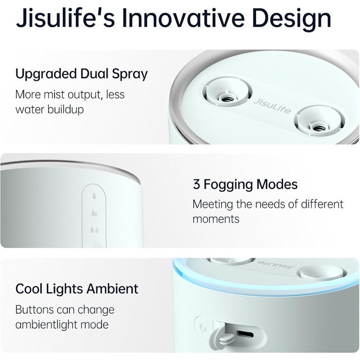 Зволожувач JISULIFE для спальні 1 л, зволожувач повітря з верхнім заповненням 30 дБ, зволожувач повітря 8000 мАг, зволожувач для рослин із нічником для спальні/дитячої кімнати/зелені рослини