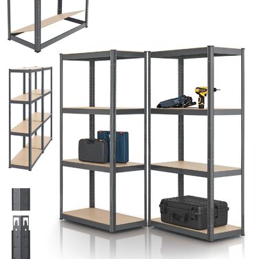 Комплект полиць для зберігання Juskys з 2 предметів Easy 2 шт. 160x80x40 см (ВxШxГ) - вантажопідйомність 640 кг - 8 полиць - металева надміцна полиця, полиця для підвалу, полиця без болтів, система полиць, металева полиця, сірий