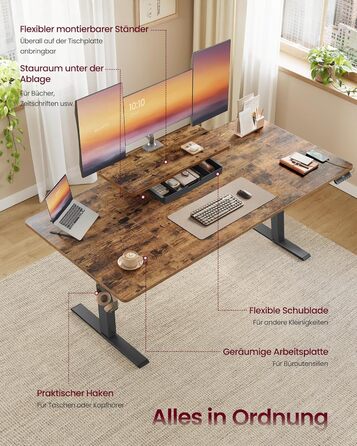 Письмовий стіл з регульованою висотою, 160 x 80 см, гнучка підставка для монітора, шухляда, порт USB-C, нагадування про тривале сидіння, для офісу, вінтажний коричневий LSD156KD01 160 x 80 см вінтажний коричневий