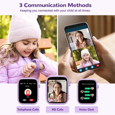 Дитячий смарт-годинник з функцією відеодзвінків та телефону, дитячий годинник з GPS, голосовим чатом, WhatsApp, WiFi, SOS, SMS, шкільним режимом, крокоміром, водонепроникний IP68, будильник, дитячий смарт-годинник для дівчаток/хлопчиків, фіолетовий/фіолет