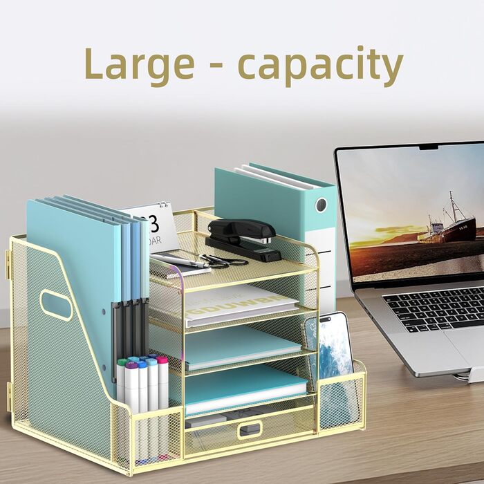 Настільний органайзер SUPEASY Grid з тримачем для файлів, 5-шаровий лоток для паперу та листів з тримачем для журналів, настільний органайзер та місце для зберігання з шухлядою, золотистий