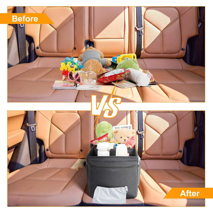 Органайзер на спинку автокрісла Cozary, органайзер для дітей з кишенями для іграшок, книжок та перекусів, з тримачами для напоїв та сітчастими кишенями, складаний чорний