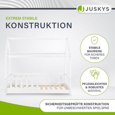 Дитяче ліжко Juskys Marli 80 x 160 см з матрацом, захисними поручнями, рейковою основою та дахом - Ліжко-будиночок з масиву дерева для дітей - Ліжко білого кольору