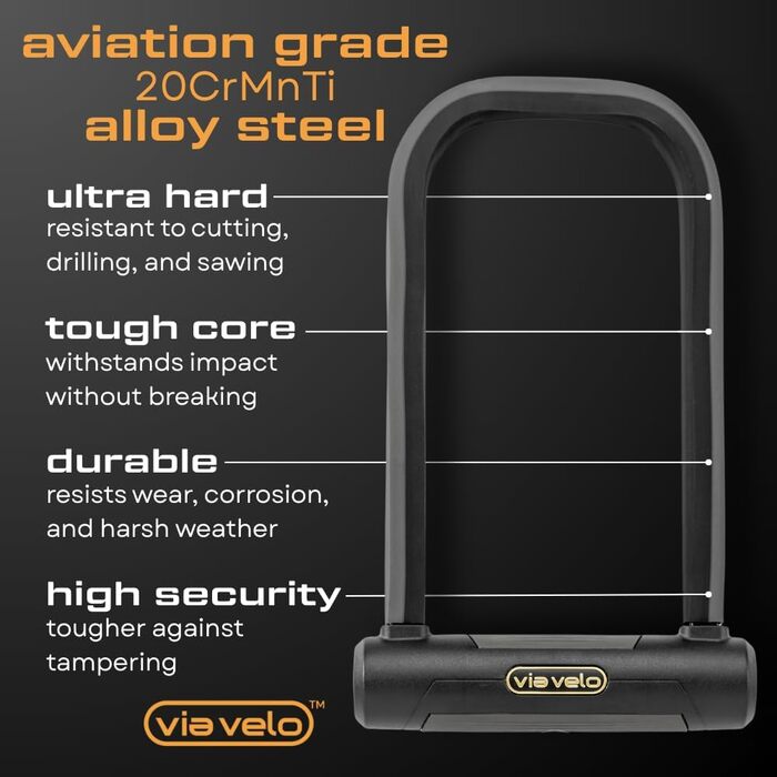 Замок Via Velo Bike U Lock Серьга Elite U Lock зі сталі 20CrMnTi, стійка до крадіжки, 17 мм, сертифікована Sold Secure Diamond для електровелосипедів, електричних складних замків та електричних самокатів. Великий U-подібний замок.