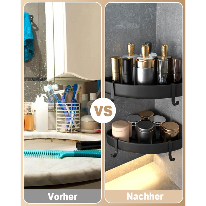 Кутова полиця для душу без свердління, чорна, з тримачем для шампуню та захистом від іржі. Набір з 2 полиць з 4 гачками, проста установка, чорний колір.