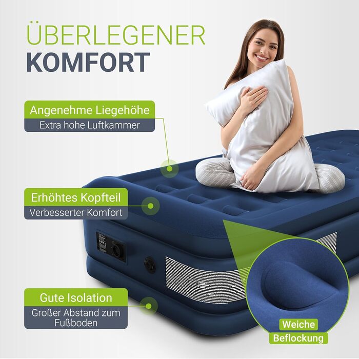 Надувний матрац Juskys Sapri M синього кольору - самонадувальний надувний матрац на 1 особу - надувний матрац для гостьового ліжка або кемпінгу - вбудований насос, синій, одномісний