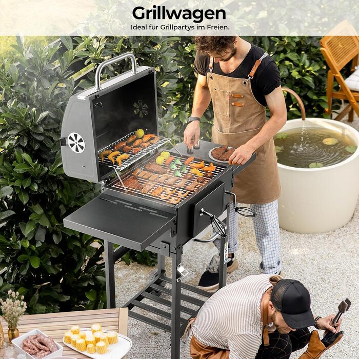 Вугільний гриль з кришкою та візком, BBQ коптильня, мобільний вугільний гриль на 2 колесах, з решіткою, термометром, компактний вугільний гриль-візок, регульований по висоті для кемпінгу та саду