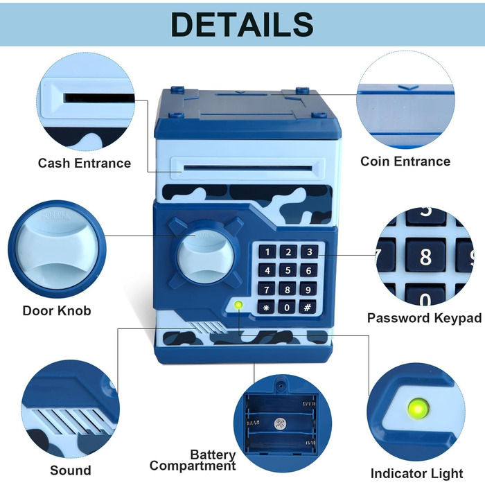 Електронна скарбничка безпечна для дітей, кумедний великий банкомат з паролем, безпечна цифрова скарбничка, подарунки на день народження для дітей 3-12 років для хлопчиків (синій) камуфляжно-синій