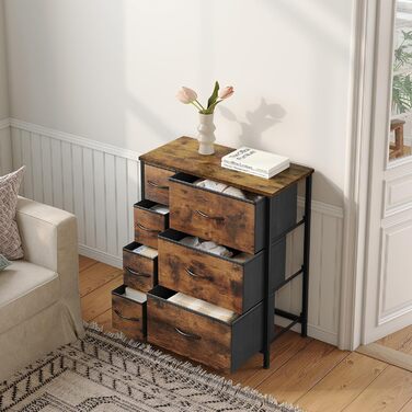 Комод WOLTU з 7 тканинними шухлядами, велика місткість, міцний металевий каркас, для вітальні, спальні, коридору, вінтажний коричнево-чорний, 63,5x30x73 см, SSK008shm Вінтажний вигляд дерева, 7 тканинних шухляд