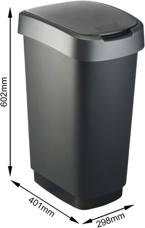 Відро для сміття Rotho Twist 50 л з кришкою, пластик (PP) без вмісту BPA, чорний/сріблястий, 50 л (40,1 x 29,8 x 60,2 см)
