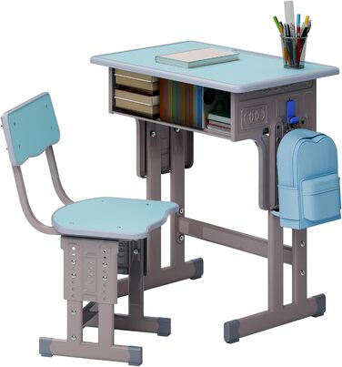 Дитячий комплект столу та стільця, регульований по висоті, для школи та університету, комплект столу та стільця з шухлядою для зберігання речей, ергономічний комплект стільців для роботи з гачком для рюкзака, підходить для дітей від