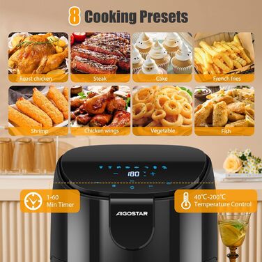 Аерофритюрниця Aigostar Hayden X 4 л, 9 програм аерофритюрниці 1500 Вт, світлодіодний сенсорний екран, таймер на 60 хвилин, інтелектуальне попереднє нагрівання, функція попереднього нагрівання та нагадування про струс, безмасляна фритюрниця, без бісфенолу