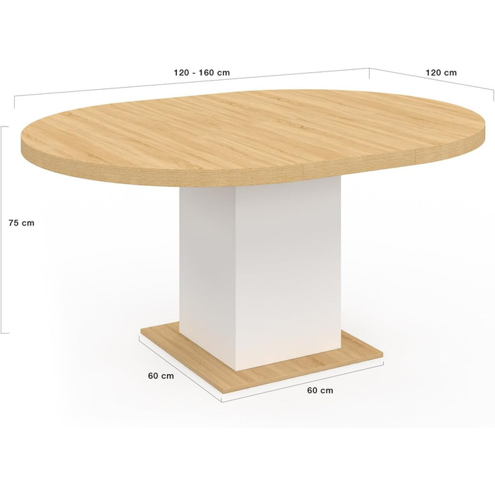 Розкладний круглий обідній стіл Eden, 4-8 осіб, дерево та білий колір, 120-160 см
