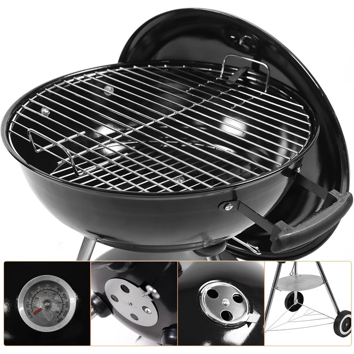 Портативний вугільний гриль з нержавіючої сталі для пікніка та кемпінгу. Малий гриль з кришкою, колесами та термометром. Розбірний гриль для саду, вечірок на відкритому повітрі. Розміри 47x49x80 см.