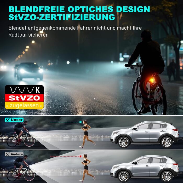Комплект велосипедних ліхтарів TECHCYC із датчиком Lightsense, велосипедний ліхтар зі світлодіодним освітленням до 70 люкс, схвалено StVZO, велосипедний ліхтар із USB-перезарядкою, IPX6, передні велосипедні ліхтарі ємністю 2500 мАг та задній ліхтар ємніст