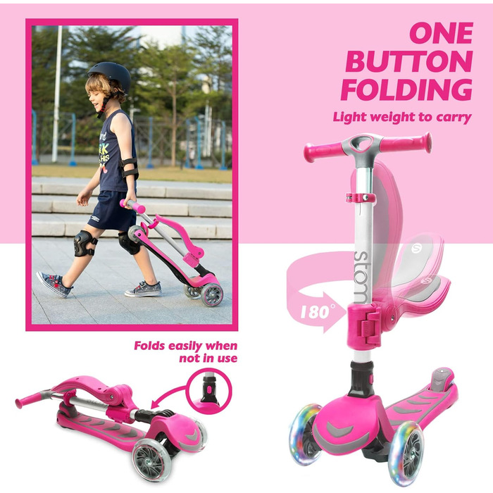 Дитячий самокат Stompa 3 роки для дівчаток хлопчиків, складний дитячий самокат 3 колеса зі світлодіодним проблисковим світлом, 4 р